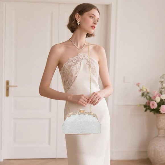 ⚡ Women's Silver Fabric Lace Pearl Chain Rhinestones Shoulder Clutch Bag - Picture 3 of 9